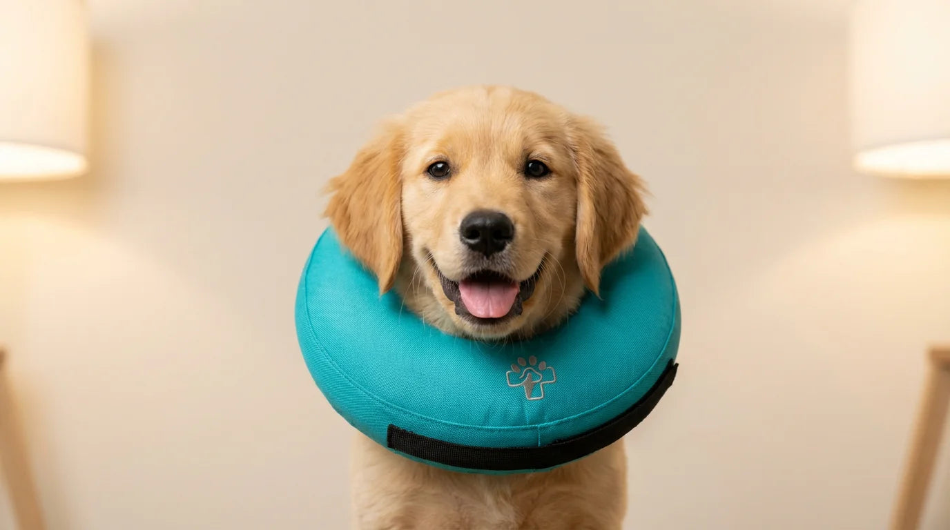 Cute Dog in Recovery Collar Banner